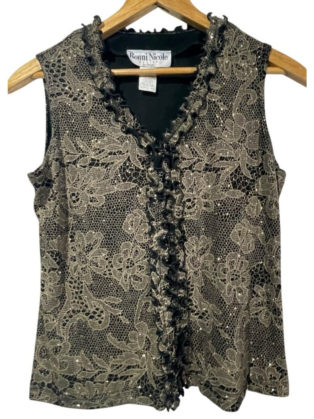 Ronni Nicole Ruffle Front Dressy Tank Top Gold Sparkle Overlay Dark Floral Sz 8P